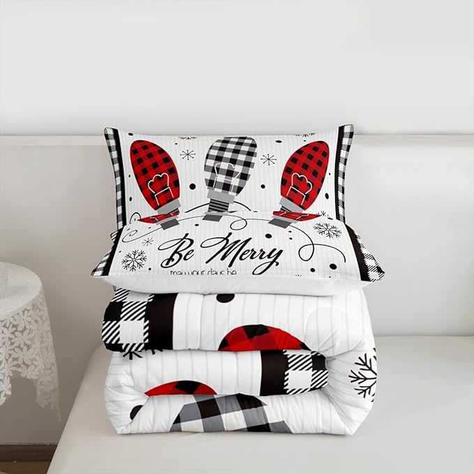 Merry Christmas Kids Comforter Set Queen Size,Geometric Grids Stylish Bedding,Girls Boys Adults Bedroom/Xmas Cabin Decor,Snowflake Bells Down Comforter,Rustic Farmhouse Duvet Insert,2 Pillowcases