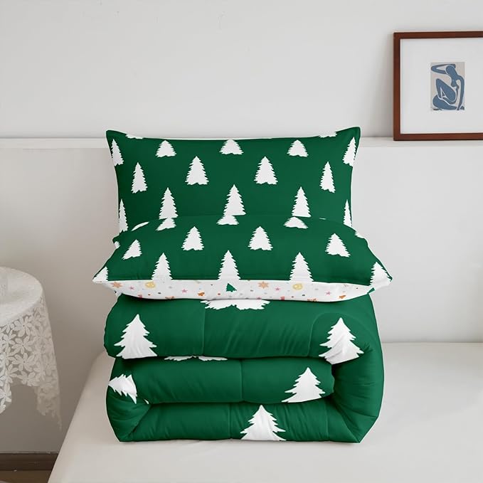 Feelyou Christmas Trees Bedding Set for Kids Boys Girls Queen Size Xmas Comforter Set Ultra Soft Winter Xmas Comforter Holiday Decor Duvet Quilt Bedroom Decor Christmas Ornaments Quilt