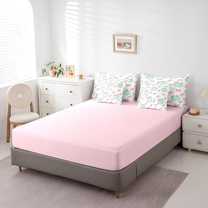 7 Pieces Pink Bowknot Comforter Set King,Cartoon Frog Bow Tie Butterfly Knot Princess Bedding Set,Geometric Patchwork Cute Sweet（Comforter+Fitted+Flat Sheet+2 Pillowcases+2 Throw Pillow Covers）