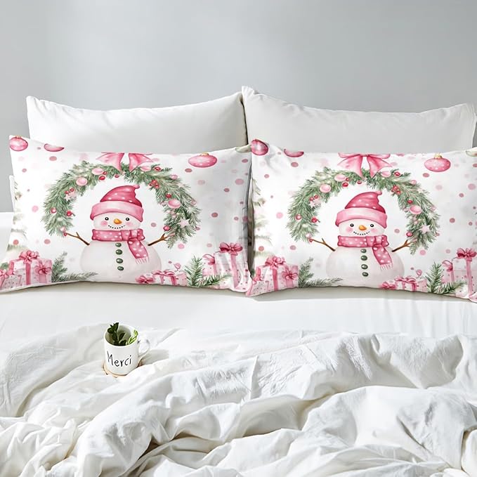 Manfei Christmas Kids Duvet Cover Set Queen Size, Cute Snowman Holly Leaf Bedding Set for Boys Girls Adult, Pink Bowknot Xmas Comforter Cover, Lightweight Bedspread Cover, 2 Pillowcases, No Comforter