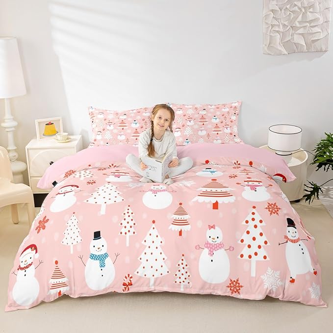 Christmas Kids Bedding Set Cartoon Snowman Bedding Duvet Cover Set for Boys Girls Christmas Tree Decor Comforter Cover Set Pink Dots Xmas Theme Bedspread Cover Bedroom Quilt Cover 2Pcs Twin Size