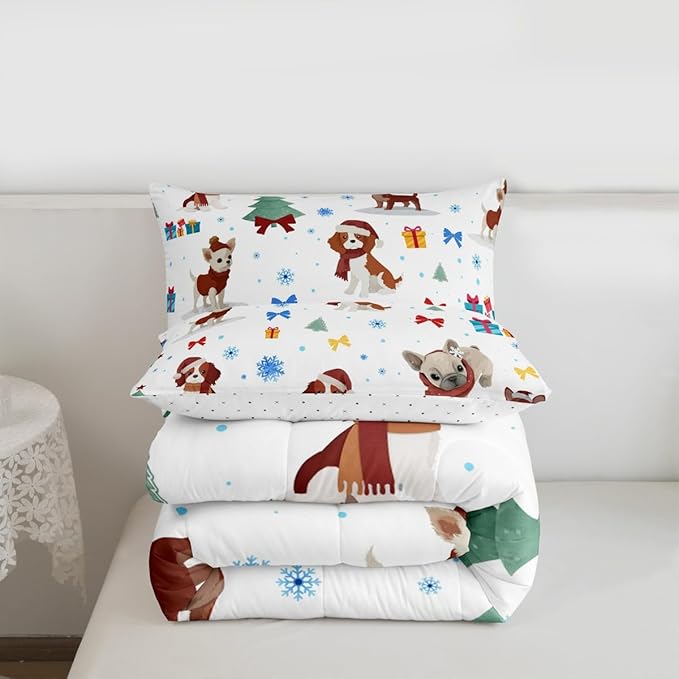 Feelyou Christmas Puppy Comforter Set All Season Festive Pet Bedding Set with 2 Pillow Cases Cute Dog Kids Full Bedclothes Xmas Tree Snowflake Bedroom Decor Duvet Quilt Breathable Soft Lightweight