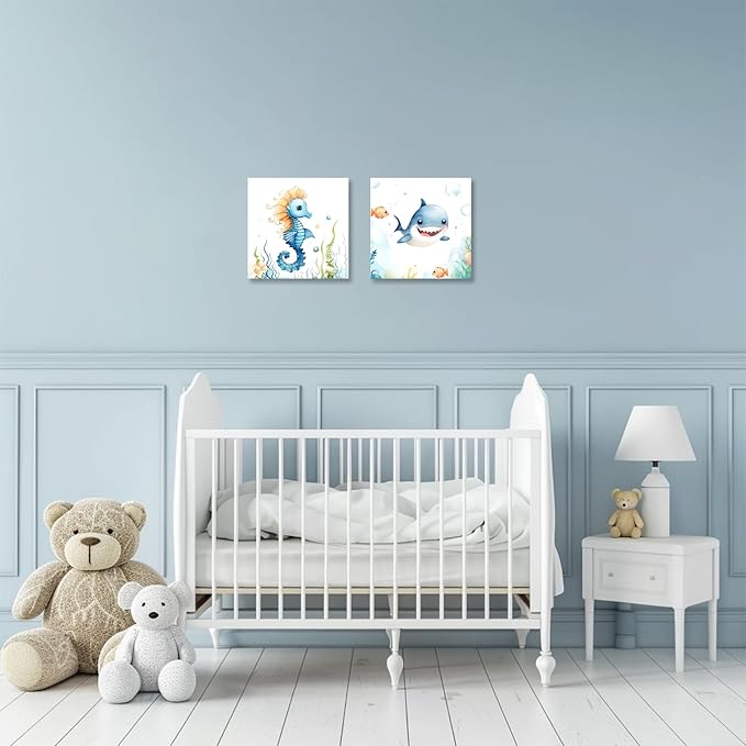 2 Piece Ocean Sea Canvas Wall Art for Nursery Decor - Cute Baby Seahorse Shark Underwater Paintings Pictures Ocean Theme Sea Life Posters Prints for Kids Room Bathroom Decor(Artwork-02, 24"x24"x2P)