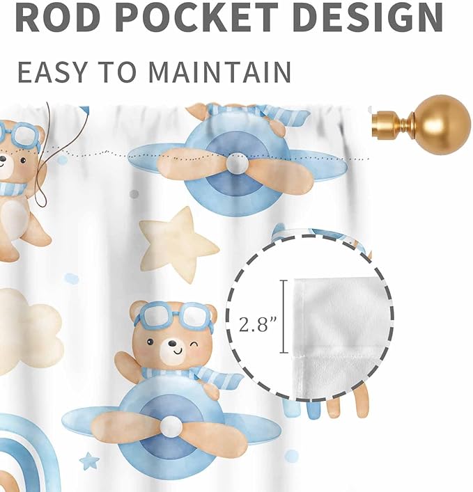 Cartoon Bear Curtains, Kids Boys Girls Cute Lovely Bear Adventure Airplane Cloud Pastel Blue Window Drapery Treatments for Baby Living Room Bedroom Nursey Toddler Classroom 2 Panels, 63"x63" Inch