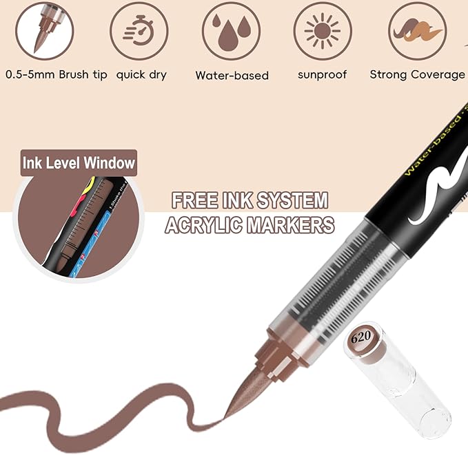 Paint Pens Acrylic Markers - 9 Maillard Series Brush Tip Water Based Marker Pens for Rock Painting, Wood, Ceramic, Glass, Acrylic Paint Markers for Egg Pumpkin