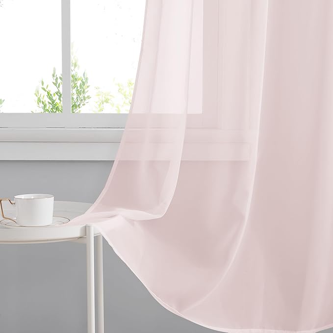 RYB HOME Peach Blush Sheer Curtains, Light Filtering Grommet Elegant Extra Long Window Panels, Airy & Breathable Voile Sheer Drapes for Kitchen, Living Room, Bedroom, 54W by 96L, Set of 4