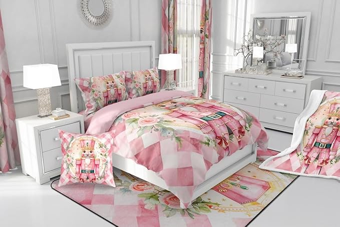 Feelyou Christmas Comforter Set All Season Pink Nutcrackers Bedding Set with 2 Pillow Cases Rose Kids Full Bedclothes Floral Bedroom Decor Funny Nutcracker Duvet Quilt Breathable Soft Lightweight
