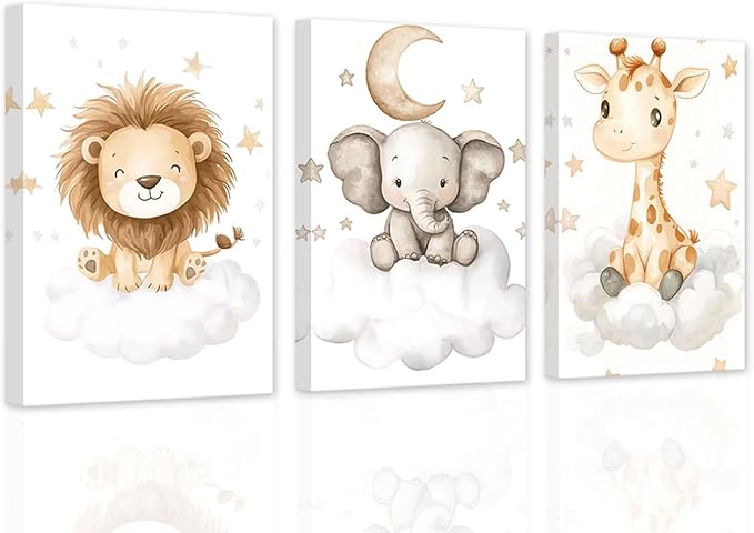 DOARTDO Nursery Animal Canvas Wall Art Baby Animal Pictures 3 Pieces Cute Elephant Lion Giraffe Print Painting Kids Room Nursery Decor Frame (20x28inchx3Pcs)