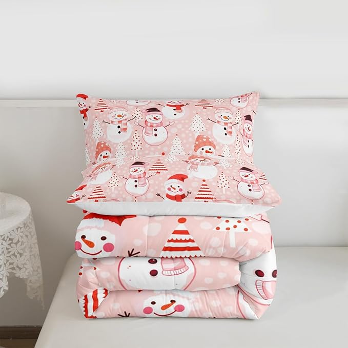 Manfei Christmas Comforter Set Queen Size, Snowman and Xmas Trees Down Comforter with 2 Pillowcases, New Year Pink Bedding Set 3pcs for Kids Girls Adults Bedroom Decor Lightweight Duvet Insert