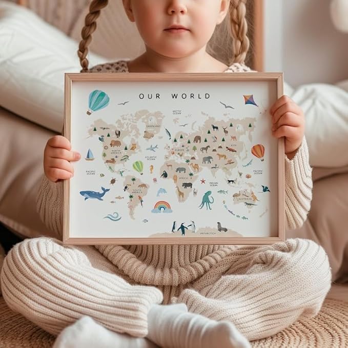 OZCONO Animal World Map Poster, Kids Educational Geography Decor, Safari Animals Nursery Art, Montessori Learning Wall Print (Unframed) (12x18)