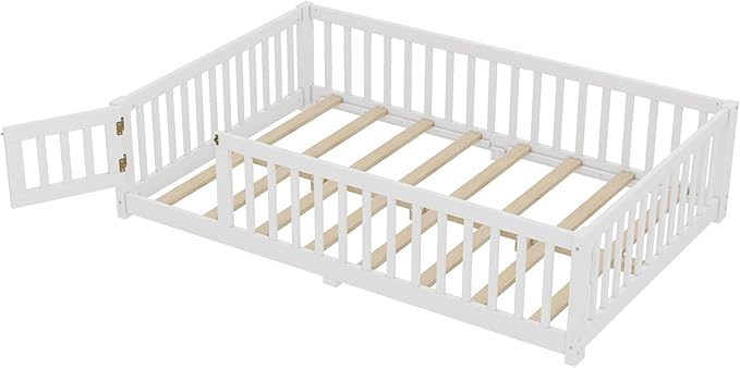 Bellemave Full Size Floor Bed with Rails for Kids, Girls, Boys, Pine,Plywood Floor Bed with slats and Door, White
