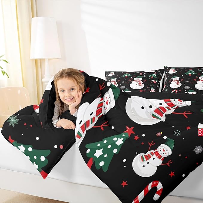 jejeloiu Kids Cute Winter Snowman Comforter Set Full Size Christmas Theme Bedding Set for Boys Girls Teens Xmas Candy Cane Snowflake Happy New Year Duvet Quilt Room Decor