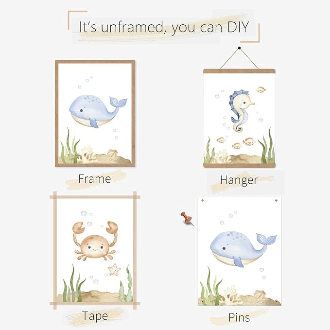 Wodkwq Nursery Wall Art Sea Animal Canvas Prints Baby Girl Boy Room Decor Watercolor Paintings Pictures Cute Ocean Theme Toddler Room Decoration Set of 3 for Kids Bedroom Bathroom 12x16in Unframed