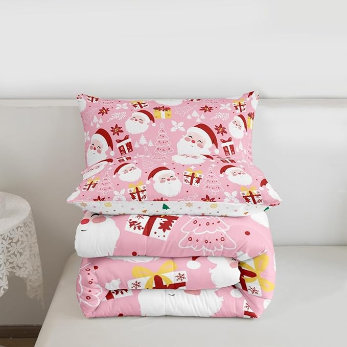 jejeloiu Santa Claus Comforter Set Twin Size Merry Christmas Bedding Set for Kids Boys Girls Xmas Themed Duvet Quilt Pink Bedroom Decor