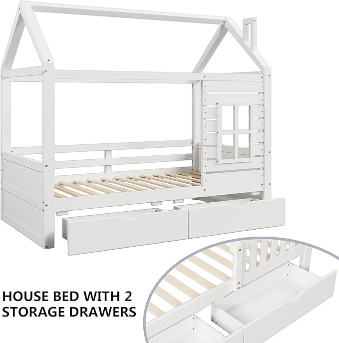 Full Size House Bed for Kids with 2 Storage Drawers, Full Playhouse Bed Frame with Roof and Window, Kids Full Size Bed Frames with Slats, Modern Wooden Montessori Bed for Bedroom, Full-White