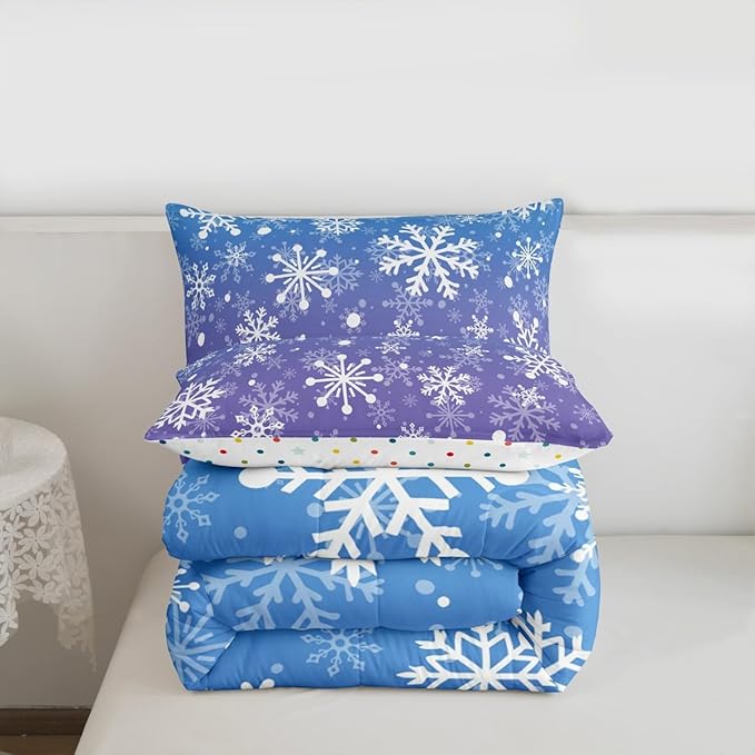 Feelyou Blue and Purple Snowflake Bedding Set Soft for Boys Girls, Winter Snowflake Comforter Set Queen Size Christmas Duvet Quilt Microfiber Holiday New Year Bedroom Decor 3 Pcs with 2 Pillow Cases