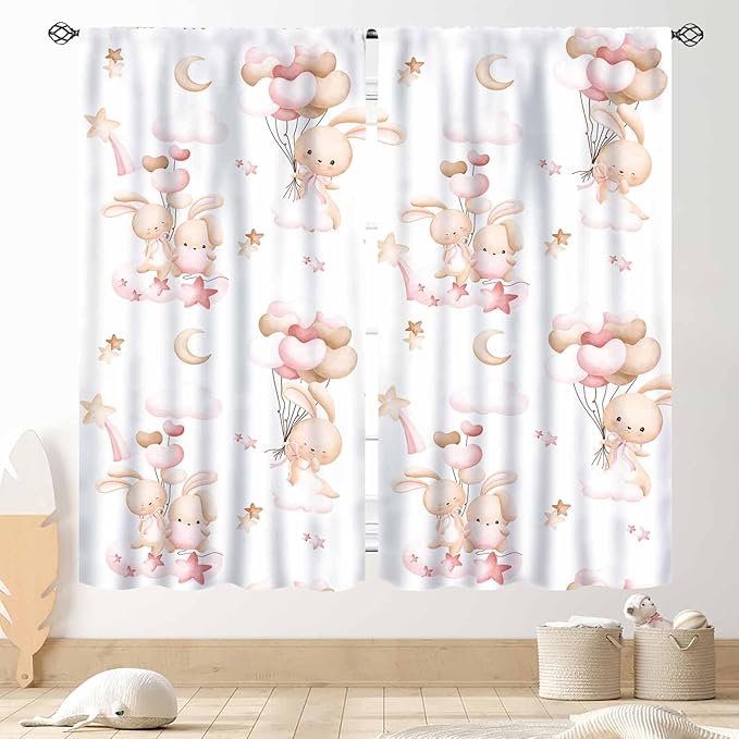 Rabbits Curtains, Kids Boys Girls Cartoon Cute Lovely Animals Moon Cloud Ballon Pastel Pink Window Drapery Treatments for Baby Living Room Bedroom Nursey Toddler 2 Panels, 42"x45" Inch