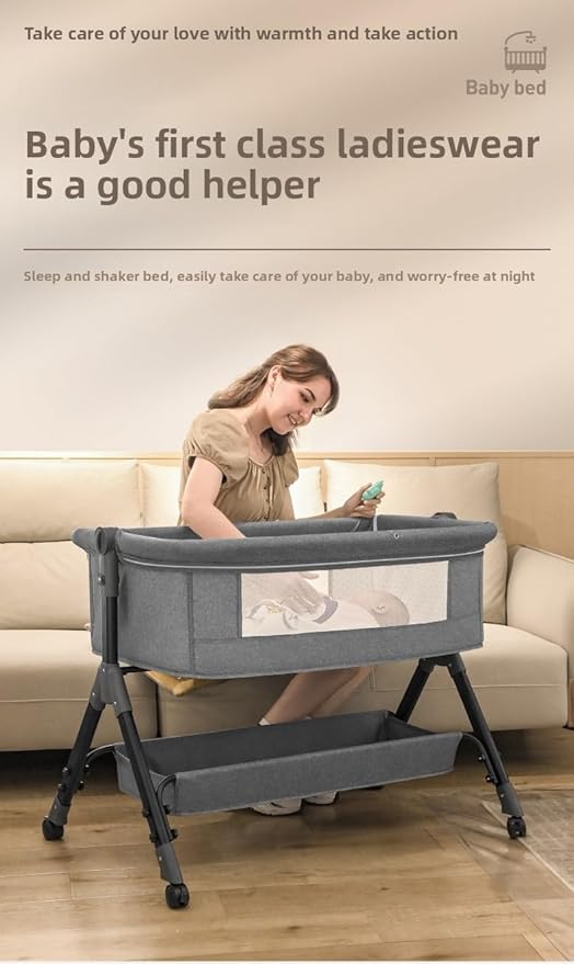 Nine point nine Baby Bedside Bassinet, Baby Bassinet Bedside Sleeper, Next to Me Crib with Wheels, Foldable Co-Sleeping Bed Crib for Newborn (X3 Grey)