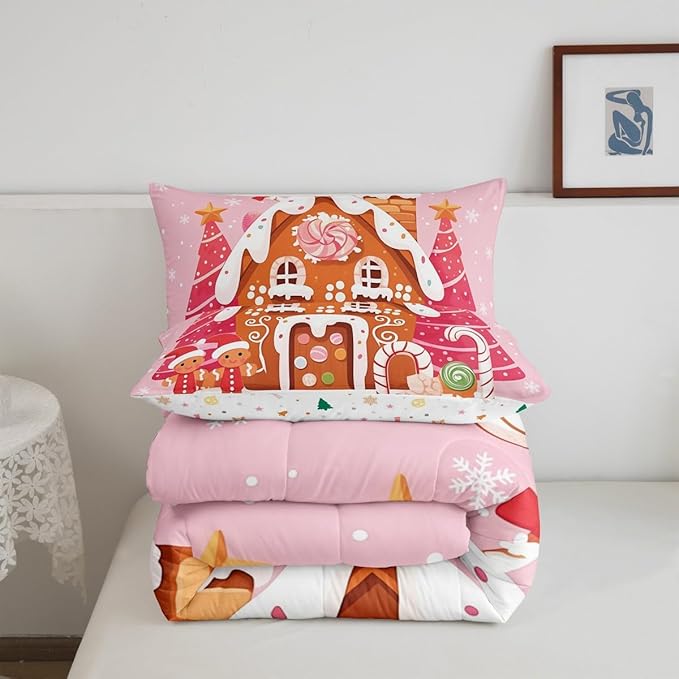 jejeloiu Kids Christmas Theme Comforter Set King Size Cute Gingerbread Man Bedding Set for Boys Girls Teens Pink Xmas Tree Candy House Winter Snowflake New Year Duvet Quilt Room Decor