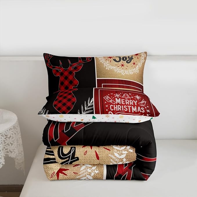 Deer Antler Kids Christmas Comforter Set King Size,Elk Plam Leaves Bedding,Girls Boys Adults Bedroom/Xmas Cabin Decor,Plank Lattice Vintage Down Comforter,Rustic Farmhouse Duvet Insert,2 Pillowcases