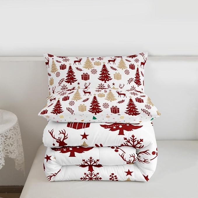 Feelyou Christmas Comforter Set All Season Xmas Tree Bedding Set with 1 Pillow Cases Reindeer Microfiber Kids Twin Bedclothes Snowflake Gift Bedroom Decor Duvet Quilt Breathable Soft Lightweight