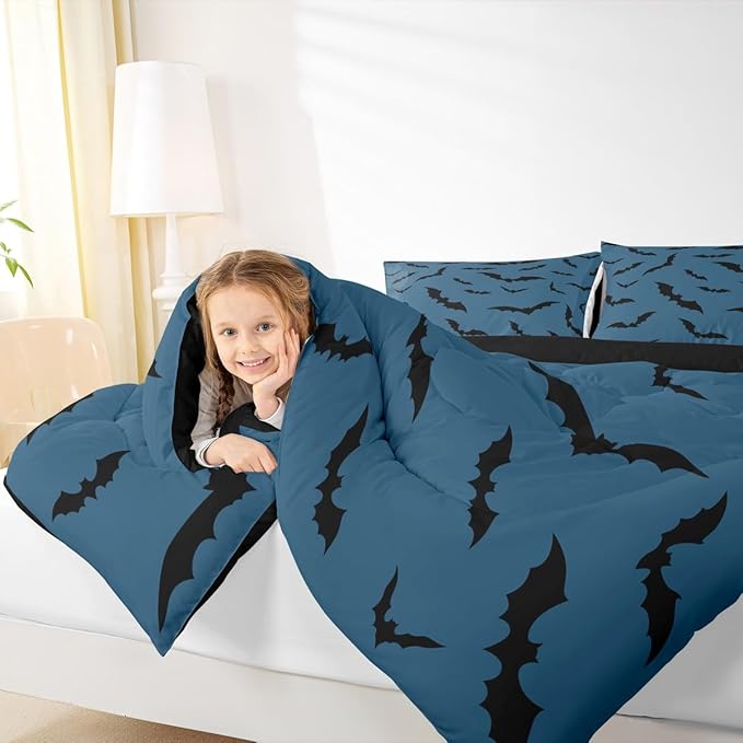 Erosebridal Halloween Bat Comforter Set Gothic Bats Bedding Set Toddler Size,Black Blue Spooky Goth Quilt for Kids Boys Girls Adults Vintage Halloween Decor Down Comforter,Horror Room Decor