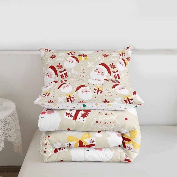 jejeloiu Santa Claus Comforter Set Toddler Size Merry Christmas Bedding Set for Kids Boys Girls Xmas Themed Duvet Quilt Beige Bedroom Decor