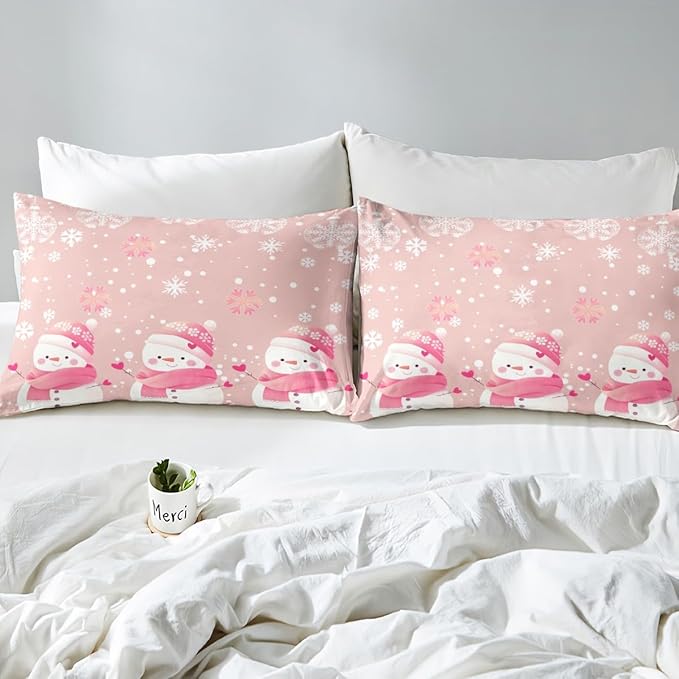 Manfei Kawaii Snowman Duvet Cover Set King Size, Cute Pink White Snowflake Comforter Cover with 2 Pillowcases, Christmas Theme Bedding Set 3pcs for Kids Girls Lightweight Bedspread Cover,No Comforter