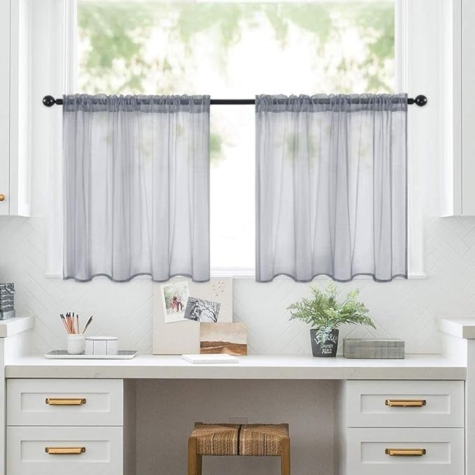 MIULEE 2 Panels Kitchen Tiers Half Window Sheer Curtains Rod Pocket Translucent Voile Drapes for Kitchen Bathroom Small Windows 29 by 24 Inch Dark Grey
