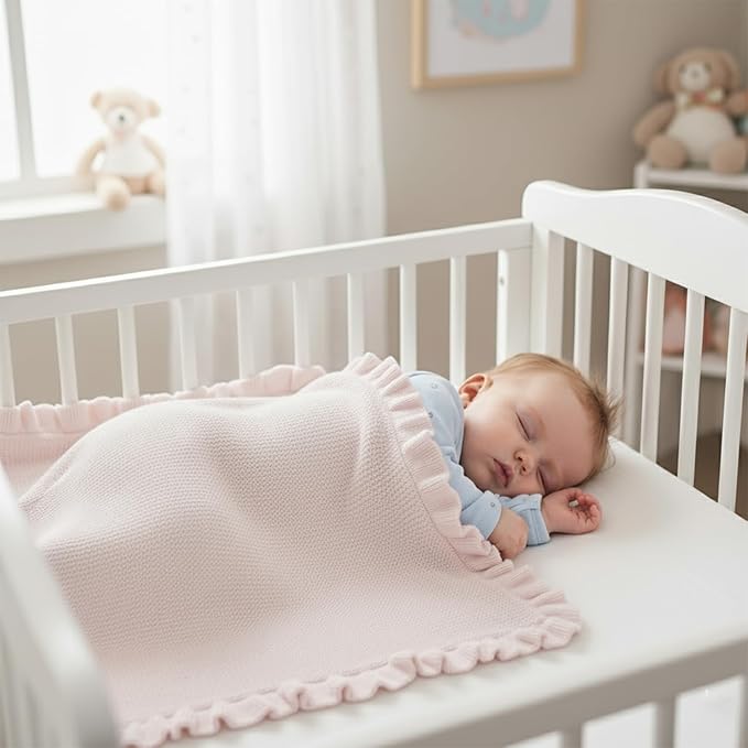Cotton Baby Blanket with Ruffle Edge Soft Breathable Newborn Blanket for Boys & Girls, Lightweight Knit Throw for Crib, Stroller & Nursery Multiple Colors Available Pink 28x36