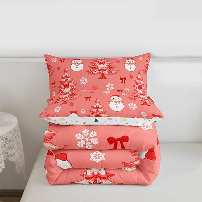 Feelyou Merry Christmas Kids Comforter Set King Size Cute Snowman Bedding Set Cartoon Bowknot Duvet Quilt for Kids Boys Girls Bedroom Christmas Tree Decor Microfiber Ultra Soft Breathable