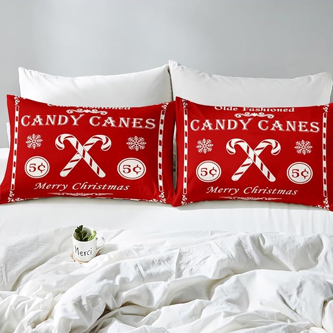 jejeloiu Christmas Bedding Set for Kids Boys Girls Christmas Quote Comforter Cover Set Full Size Candy Canes Print Duvet Cover Bedroom Decor Xmas Red Bedspread Cover Bedding Collection 3Pcs