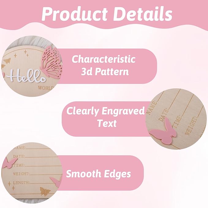 Hello World Newborn Sign, 5.83 × 6.97 Inch Pink Butterfly Baby Announcement Sign Wooden Birth Welcome Board for Newborn Boys Girls Photo Props Baby Shower Hospital Nursery