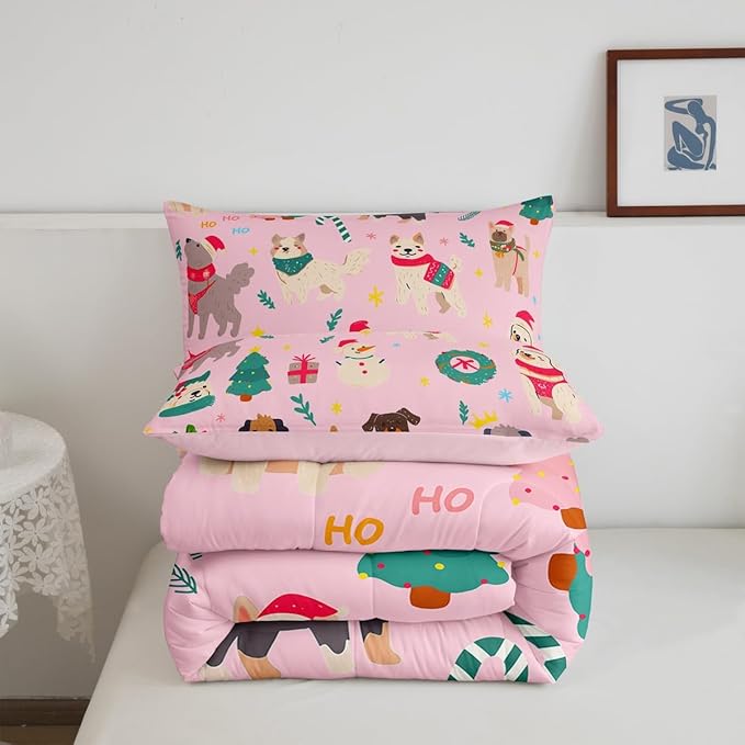 Erosebridal Cute Dog Comforter Set Full Size Puppy Dog Cartoon Xmas Bedding Set Christmas Tree Quilts for Kids Boys Girls Bedroom Decor Snowman Duvet Insert with 2 Pillow Cases