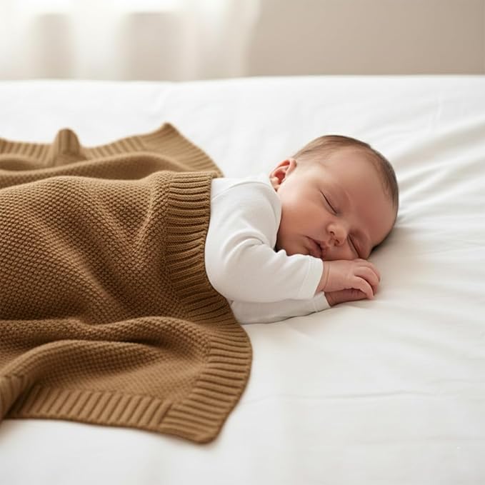 Baby Knit Blanket Soft Cotton Lightweight Newborn Blanket for Crib Stroller Toddler Nursery Shower Gift Cozy Breathable Travel Swaddle Wrap Mocha 30 x 40 Inches
