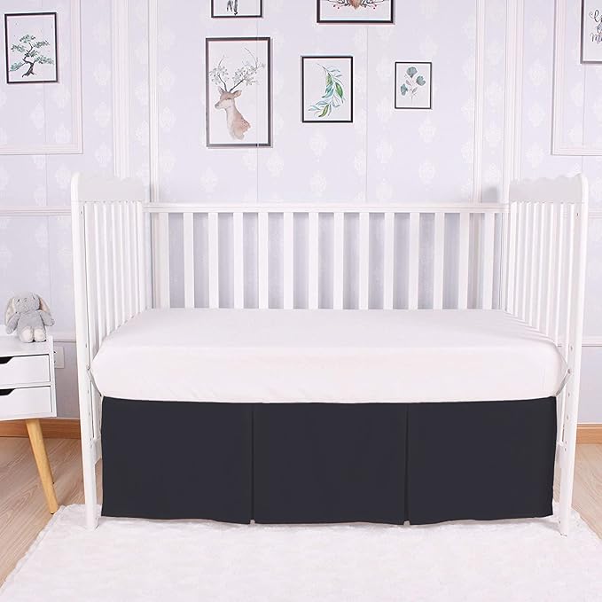 Box Pleated Mini Crib Bed Skirt Premium 100% Cotton 800 Thread Count Nursery Crib Toddler Bedding Crib Bedskirt for Baby Boys or Baby Girls, (24" x 38") + 10" Drop Lenght - Black Solid