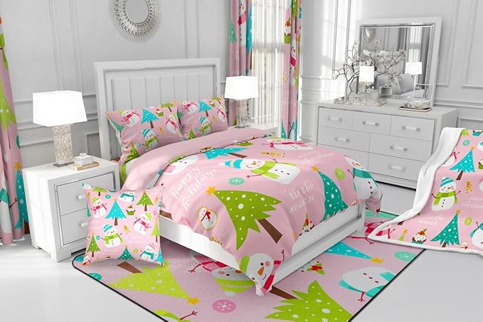 Erosebridal Merry Christmas Comforter Set for Kids,Pink Xmas Decor Bedding Set Queen Size,Cartoon Snowman Quilts Christmas Tree Down Comforter for Girls Boys Teens Bedroom Decor