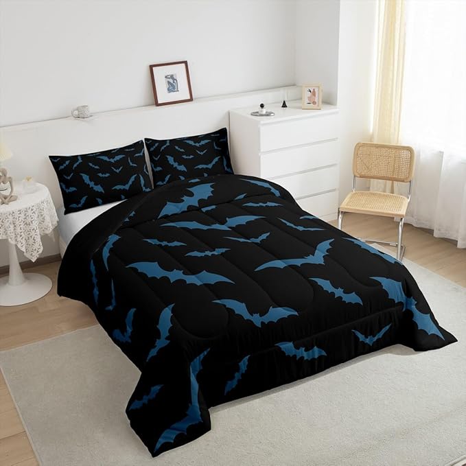 Erosebridal Halloween Decor Bedding Set for Kids Boys Youth Turquoise Bats Comforter Set King Size Gothic Spooky Quilt Happy Holiday Style Duvet Insert with 2 Pillow Cases,Black