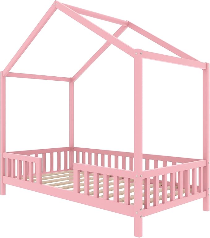 Montessori Floor Bed with Canopy, High Railings and Roof, Twin Size Wood House Bed Frame for Kids Bedroom (Pink/C2)