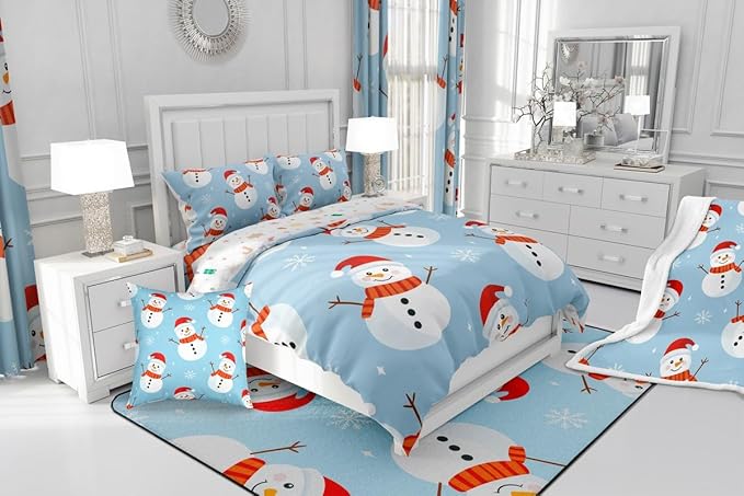 Feelyou Merry Christmas Bedding Set Soft for Boys Girls, Snowman Comforter Set Twin Size Snowflake Duvet Quilt Microfiber Bedroom Decor 2 Pcs with 1 Pillow Cases
