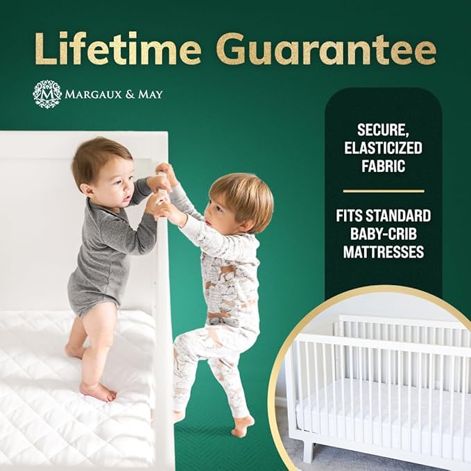 Margaux & May Crib Mattress Protector Pad - Ultra-Soft Waterproof Breathable Premium Bamboo Rayon - Noiseless Fitted Dryer Safe Cover. High Absorbency Oeko-TEX Certified (28 x 52 x 9 inches)