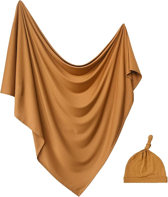 Newborn Swaddle Blanket with Hat Set Baby Swaddle Set Hospital Receiving Blankets for Girls Boys(Copper,35"*35")