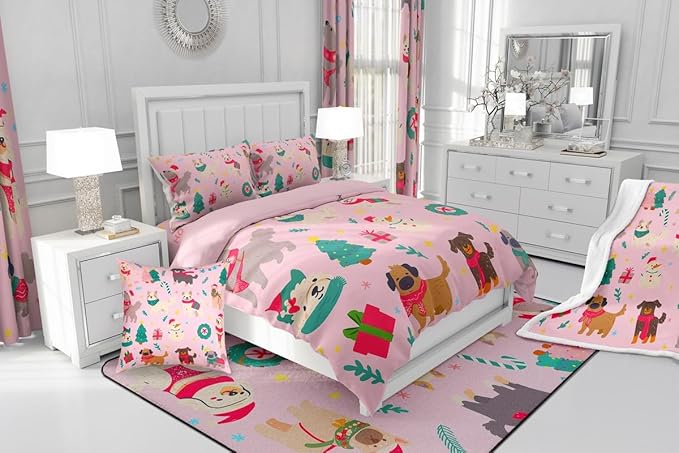 Erosebridal Cute Dog Comforter Set Full Size Puppy Dog Cartoon Xmas Bedding Set Christmas Tree Quilts for Kids Boys Girls Bedroom Decor Snowman Duvet Insert with 2 Pillow Cases