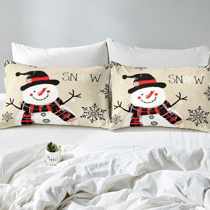 Manfei Kids Snowman Duvet Cover Set Queen Size, Black Snowflake Xmas Comforter Cover with 2 Pillowcases, Christmas Theme Bedding Set 3pcs for Boys Girls Adults New Year Bedspread Cover,No Comforter