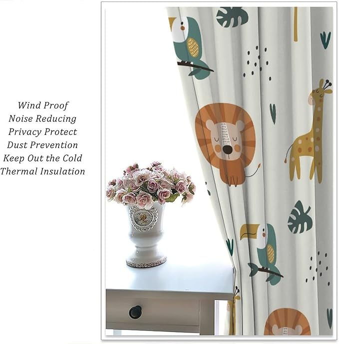Cute Lion Window Curtains for Kids Bedroom,Cartoon Woodland Jungle Forest Wildlife Little Lion Giraffe Owl Palm Tree Printed Pattern Blackout Drapes for Living Room Baby Nursery Room 63x63in