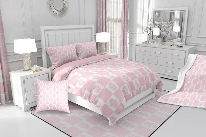 Feelyou Christmas Comforter Set All Season Checkered Bedding Set with 2 Pillow Cases Santa Claus Kids Full Bedclothes Xmas Decorations Bedroom Decor Pink Duvet Quilt Breathable Soft Lightweight