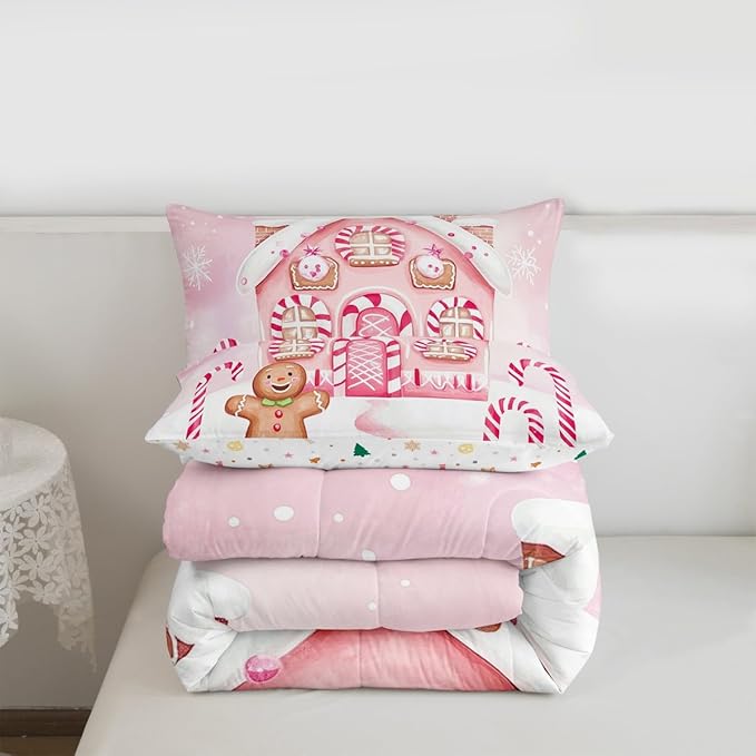 Feelyou Gingerbread Man Comforter Set Queen Size Gingerbread House Bedding Set for Kids Boys Girls Candy Canes Duvet Quilt Pink Christmas Scheme Bedroom Decor Snowflake 3 Pcs with 2 Pillow Cases
