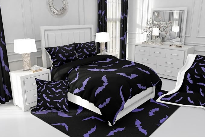 Erosebridal Happy Halloween Comforter Set with 2 Pillow Cases Dark Purple Gothic Bats Quilt Queen Size for Kids Boys Black Spooky Cartoon Gothic Bedding Set