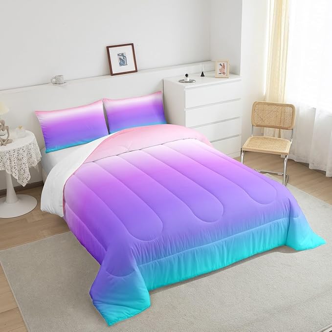 Feelyou Pink Purple Blue Comforter Twin Size, Rainbow Ombre Bedding Set Kids Toddler Colorful Gradient Comforter Set for Boys Girls Colorful Duvet Set Durable Bed Set 2Pcs