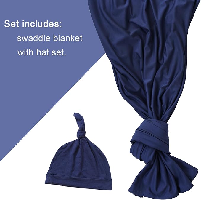 Newborn Swaddle Blanket with Hat Set Baby Swaddle Set Hospital Receiving Blankets for Girls Boys(Navy,35"*35")